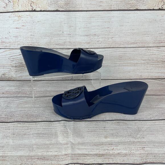 Tory Burch Miller Womens Sz 9.5M Platform Slides Wedges Navy Blue - Picture 2 of 9